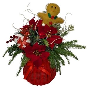 Holiday Floral Basket Arrangement Christmas Gingerbread Centerpiece Decoration